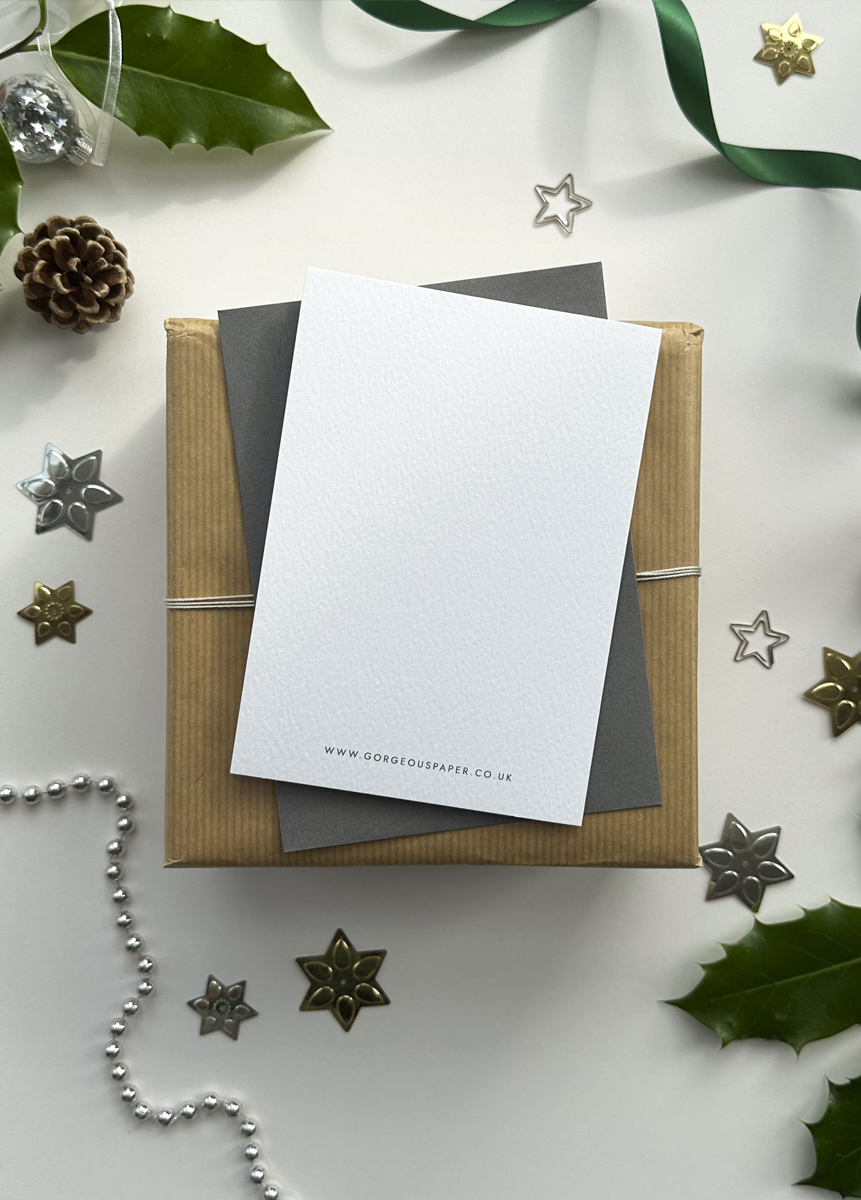 back of christmas pudding card with luxury grey envelope and gold foil