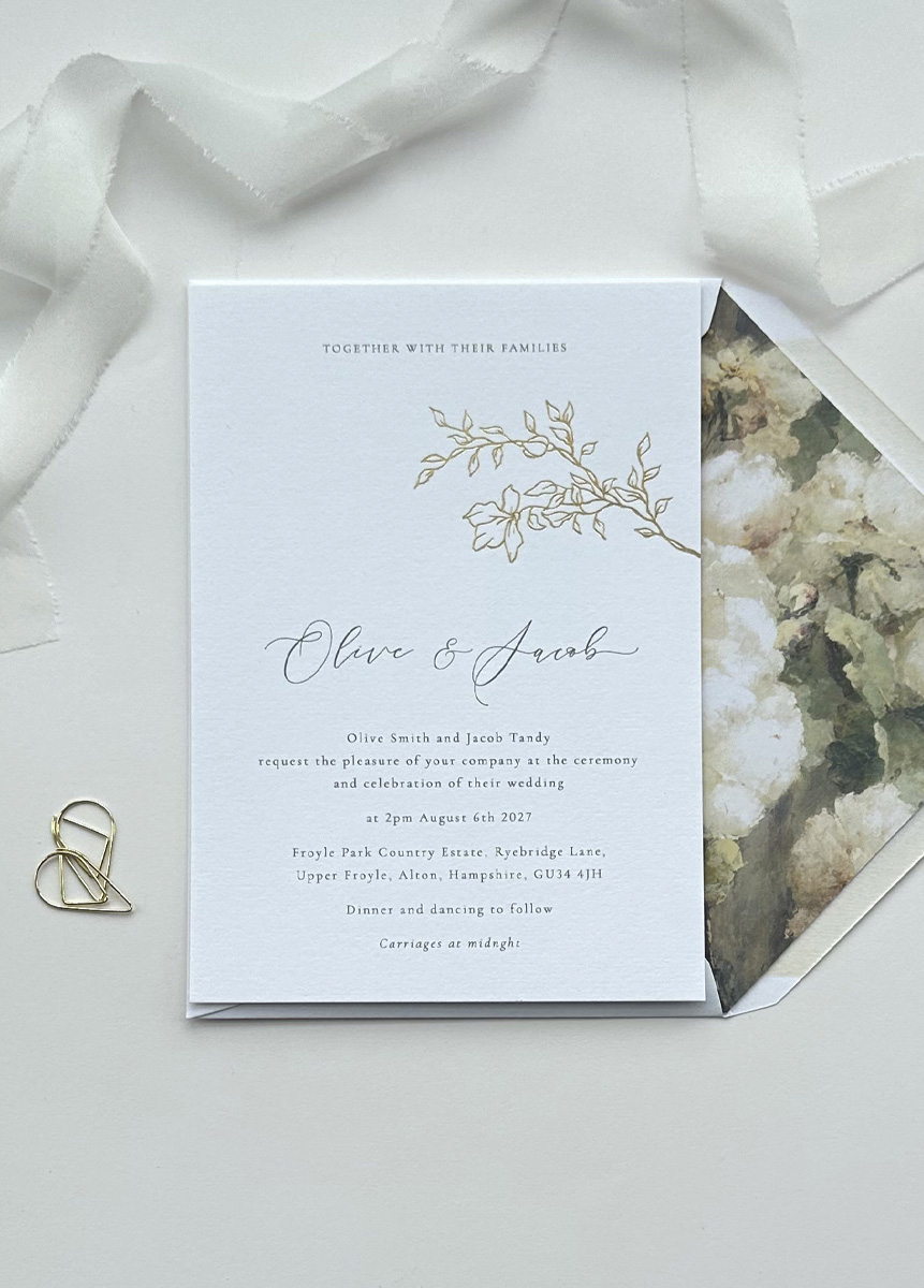 Luxury gold foil vintage rose floral wedding invitation with envelope liner