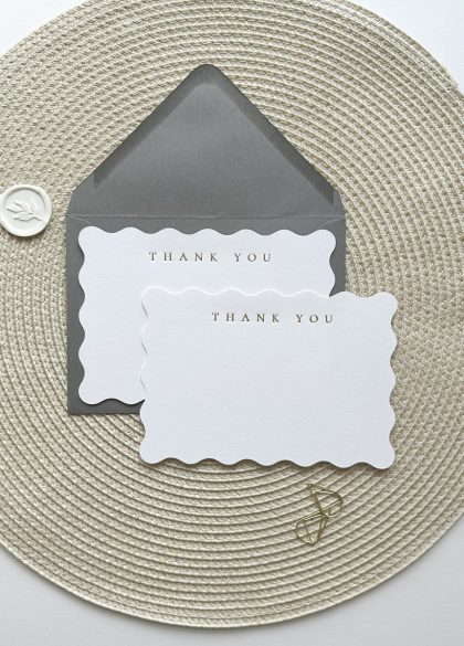 Modern wavy edge thank you notecard with elegant grey envelope