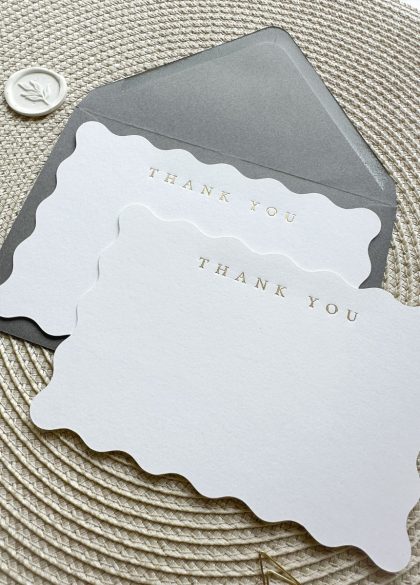 Modern Minimalist wedding thank you cards with elegant gold foil for the word thank you