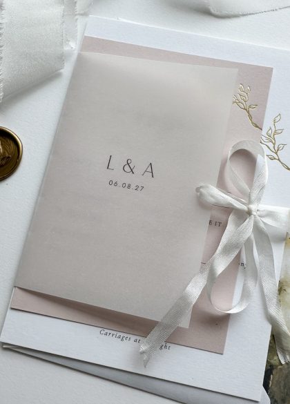 Handmade vellum invitation wallet with silk ribbon tie for luxury wedding stationery suite