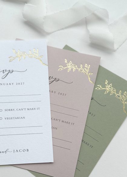 Luxury floral RSVP card for wedding invitations with vintage inspired gold foil rose design