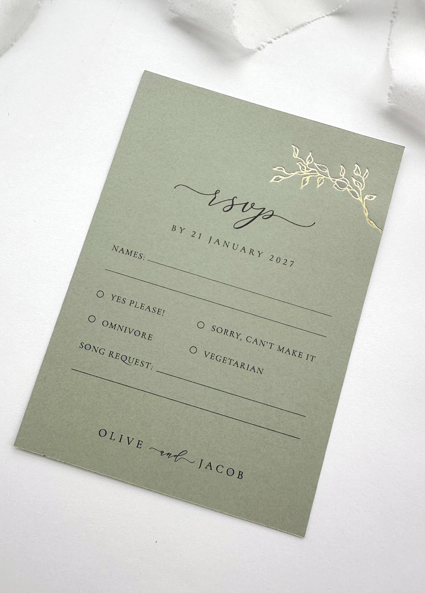 Elegant gold foil RSVP wedding card with vintage rose artwork and fine art wedding stationery styling in sage green card
