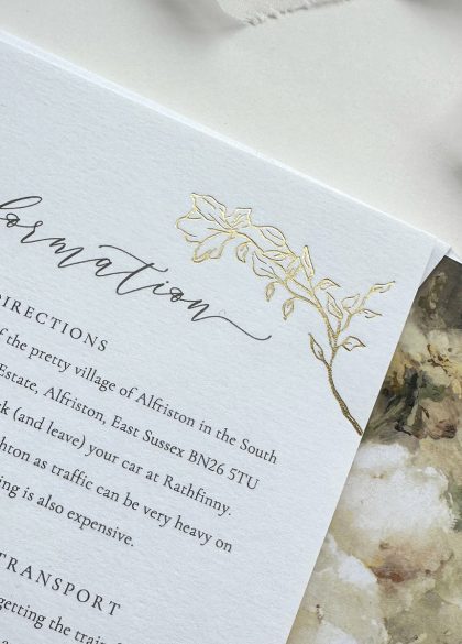 Elegant gold foil wedding information insert with vintage botanical design and minimalist typography