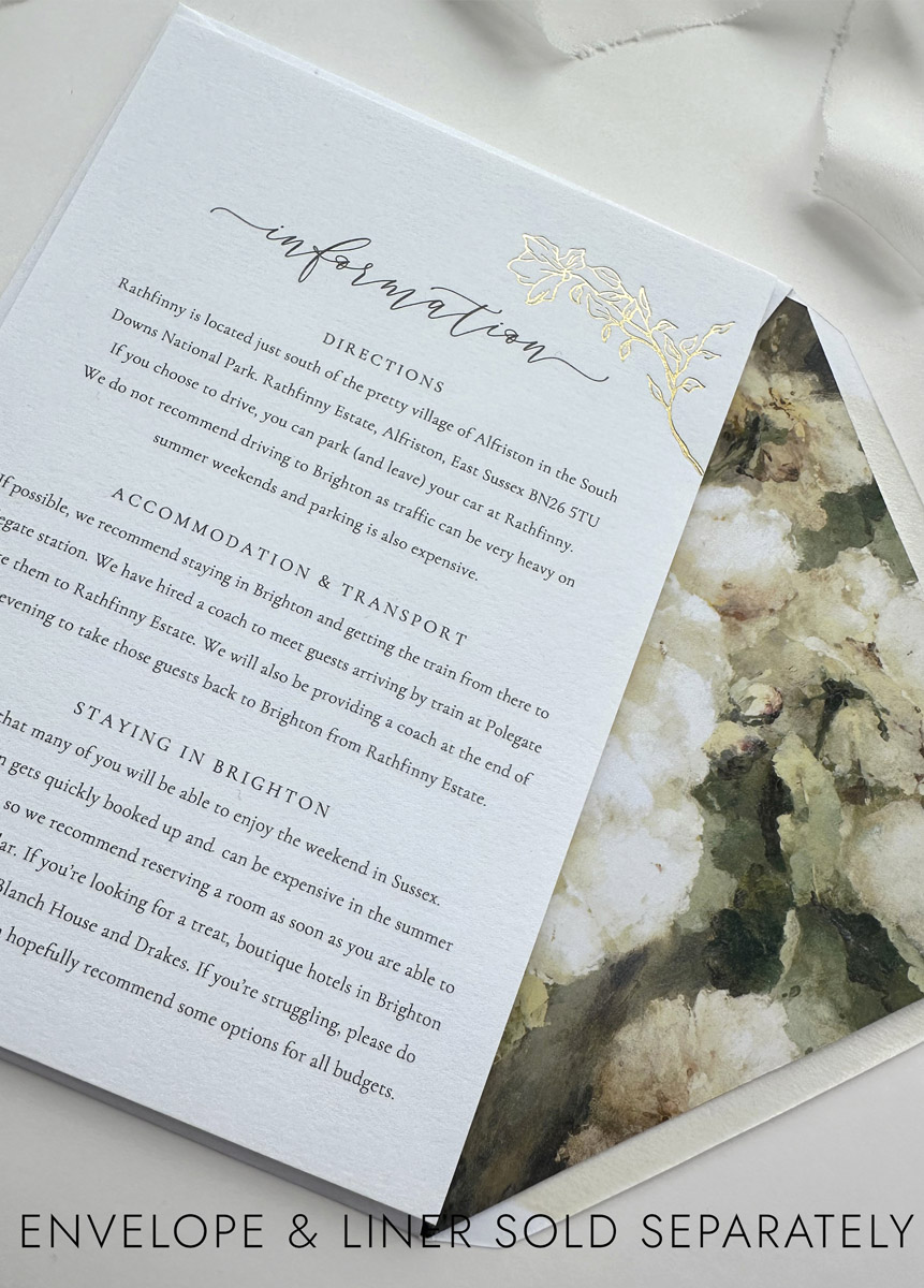 Romantic wedding details card with hand foiled gold rose illustration and luxury white cardstock