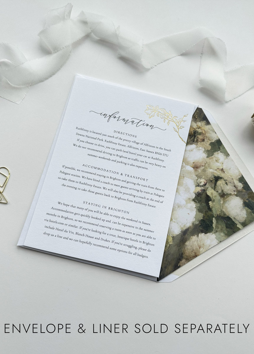 Vintage rose wedding details insert with gold foil botanical illustration and elegant modern wedding design