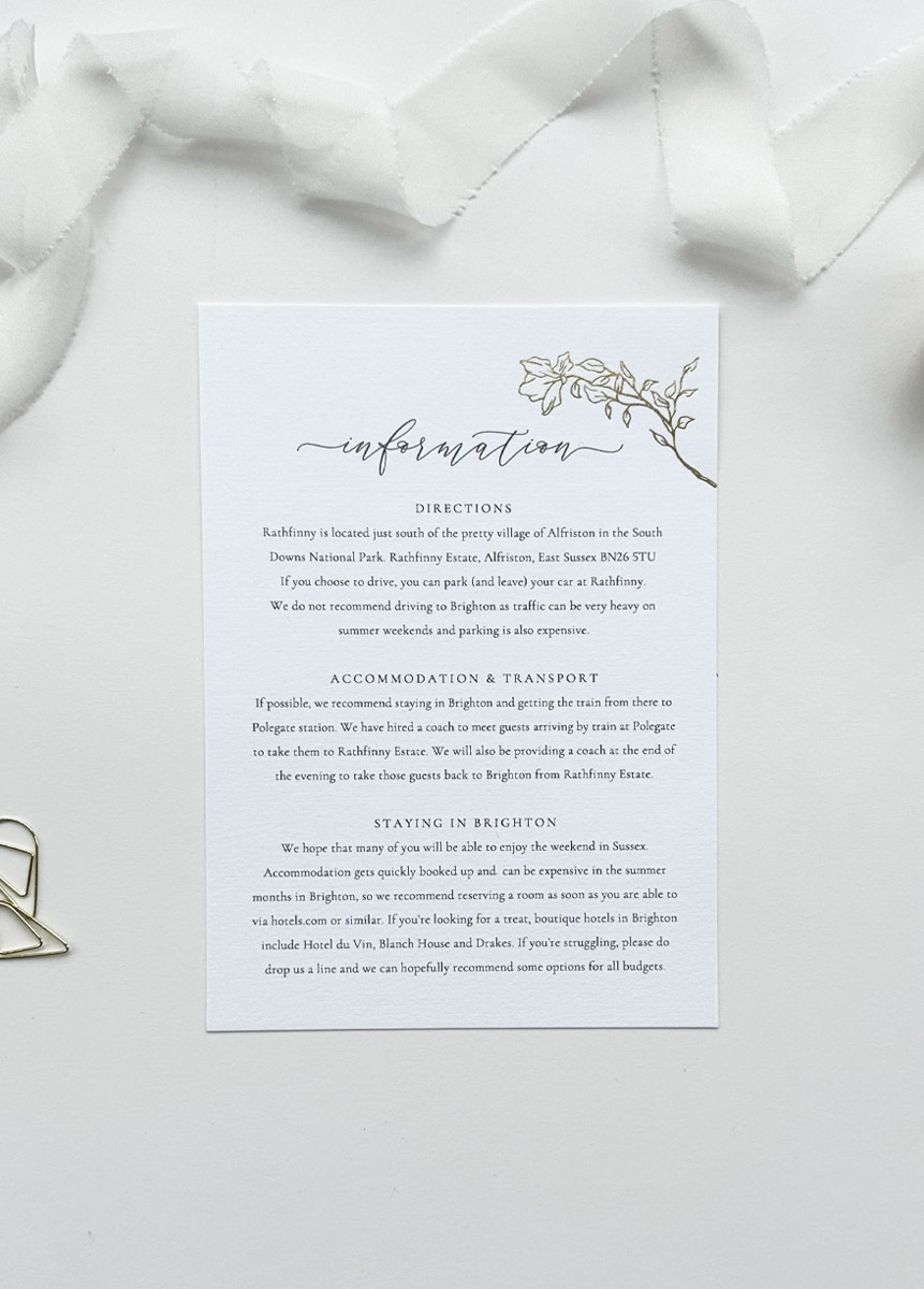 Luxury gold foil vintage rose wedding information card with elegant floral detail