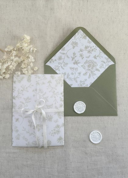 Sage green envelope liner with antique botanical illustrations for luxury wedding invitation envelopes and matching vellum wrap