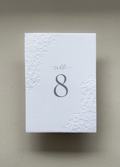 Luxury floral embossed wedding table number printed on thick cotton cardstock with elegant botanical detailing and minimalist typography.