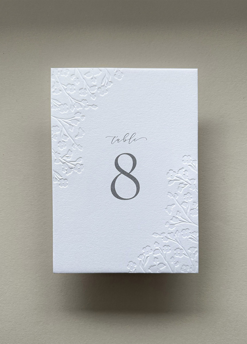 Luxury floral embossed wedding table number printed on thick cotton cardstock with elegant botanical detailing and minimalist typography.
