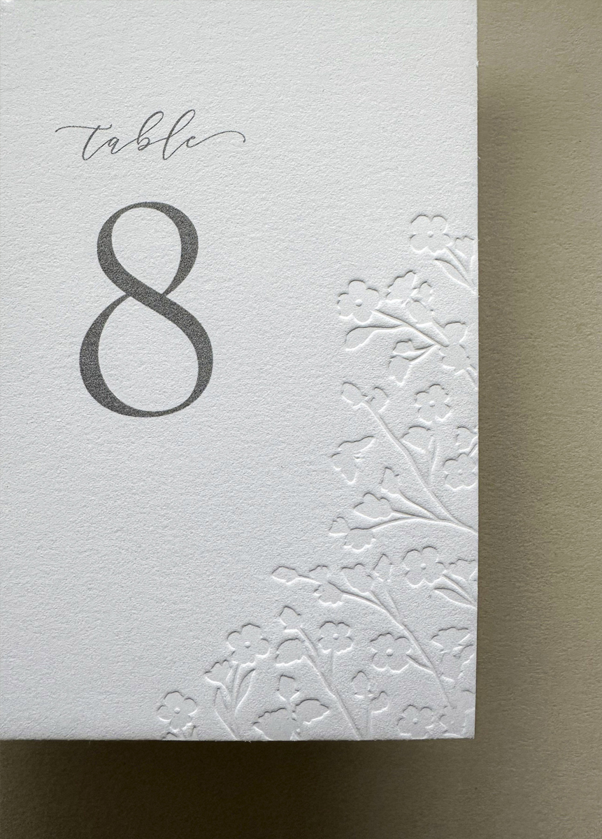 Embossed wedding table number card featuring floral detailing on premium cotton cardstock for a luxury wedding reception.