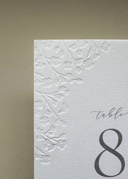 Luxury reception table number with raised floral embossing and elegant typography printed on textured cotton card.