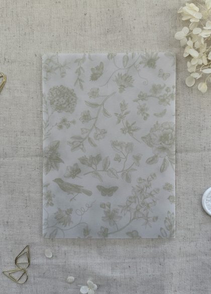 Vintage floral vellum jacket designed to hold wedding invitations, RSVP cards and details cards in a coordinated suite.
