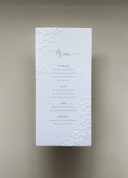 Luxury Floral Embossed Wedding Menu on cotton card