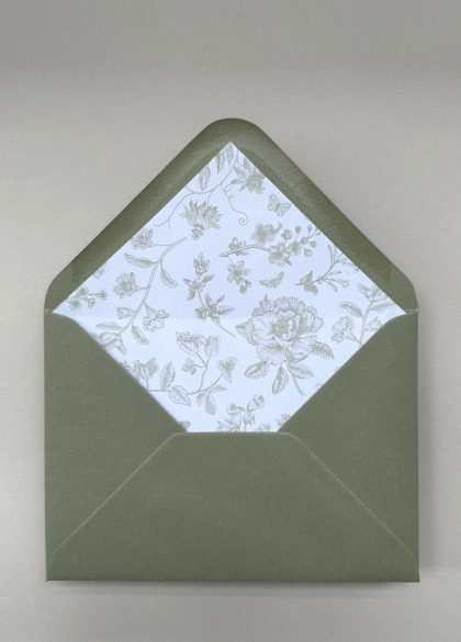 Premium floral envelope liner designed to coordinate with embossed wedding invitations and RSVP cards.