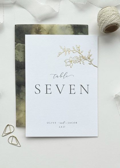 Luxury elegant vintage rose wedding table number with gold foil hand drawn floral design and modern type