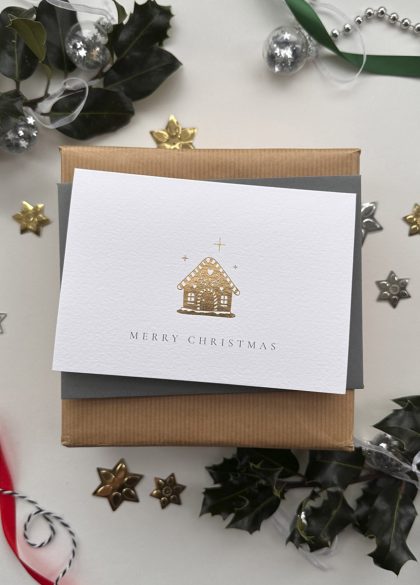 Gold foil gingerbread house Christmas card by Gorgeous Paper with a simple, elegant festive design